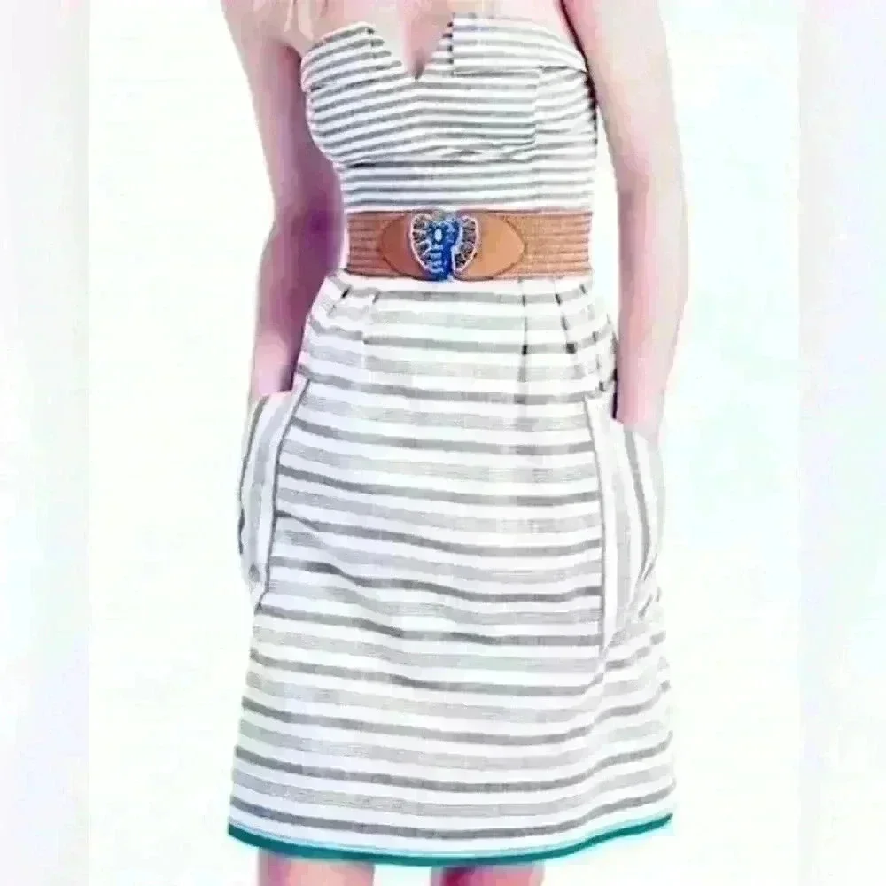 Anthropologie Maeve Changing Stripes Strapless Linen Dress with pockets - Picture 2 of 12
